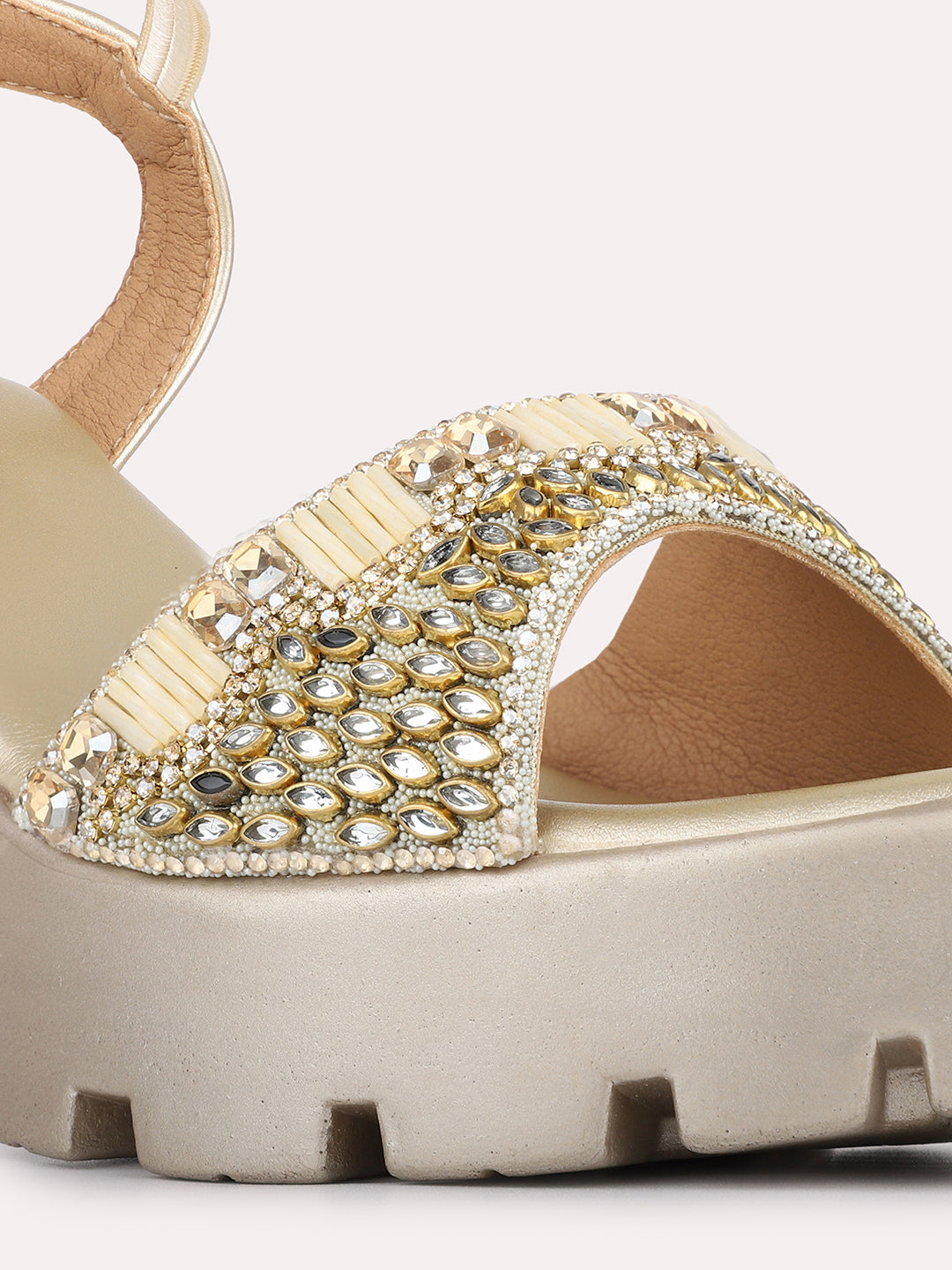 Womens Golden Party Wear Embellished Pattern Round Toe Platform Heels
