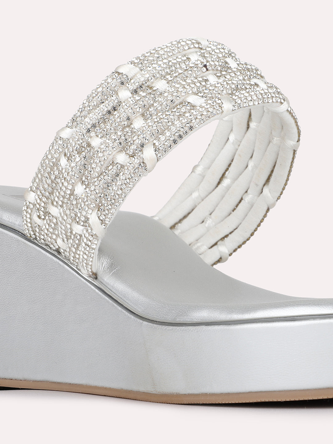 Womens Silver Ethnic Embellished Round Toe Wedge Heels