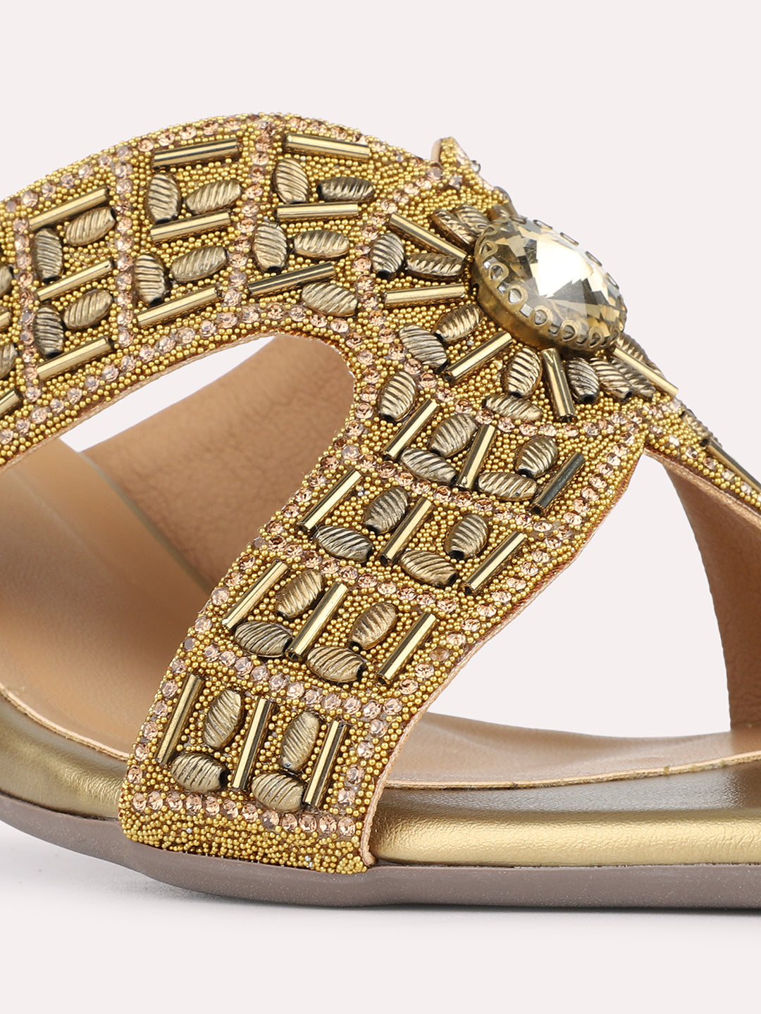 Womens Golden Ethnic Embellished Square Toe Block Heels