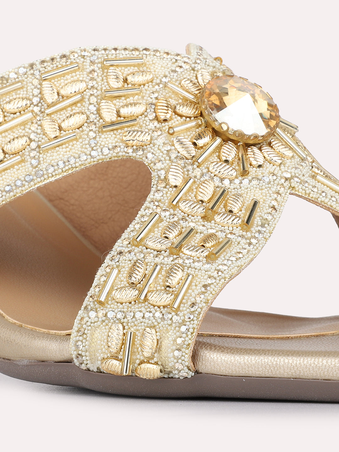 Womens Golden Embellished Pattern Ethnic Square Toe Block Heels