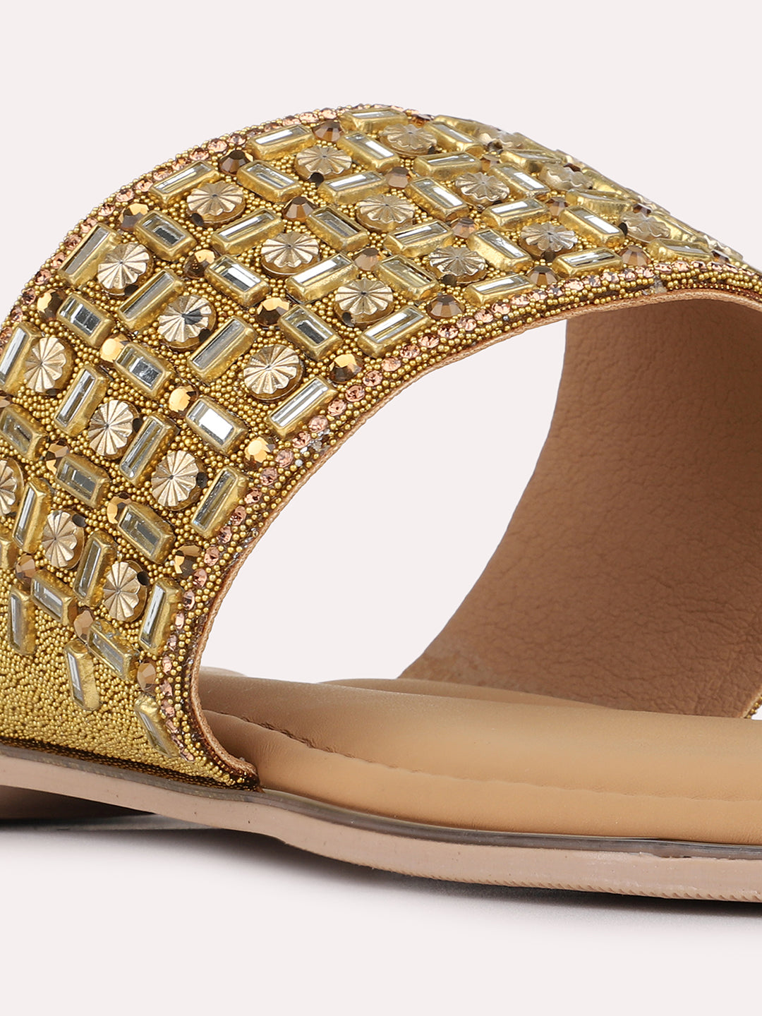 Womens Golden Ethnic Embellished One Toe Slip-On Flats