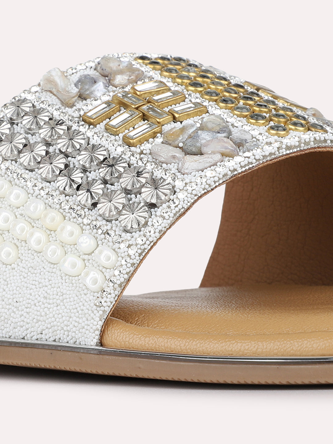 Womens Silver Ethnic Embellished Round Toe Flat Slip-Ons