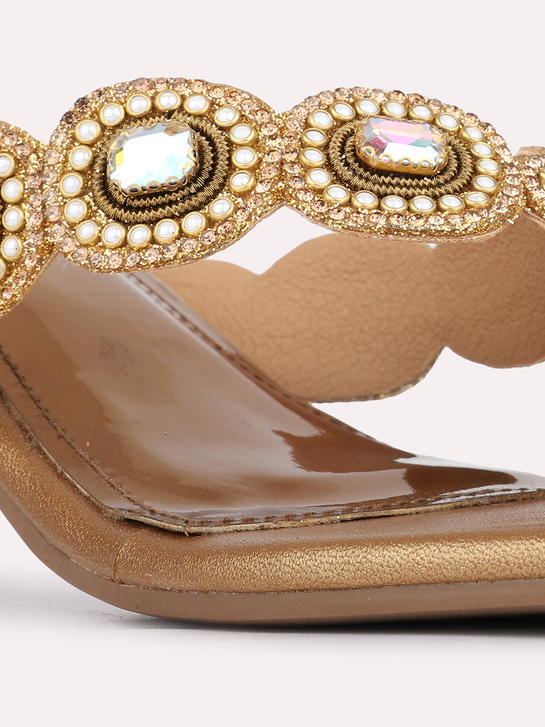 Womens Golden Ethnic Embellished Round Toe Block Heels