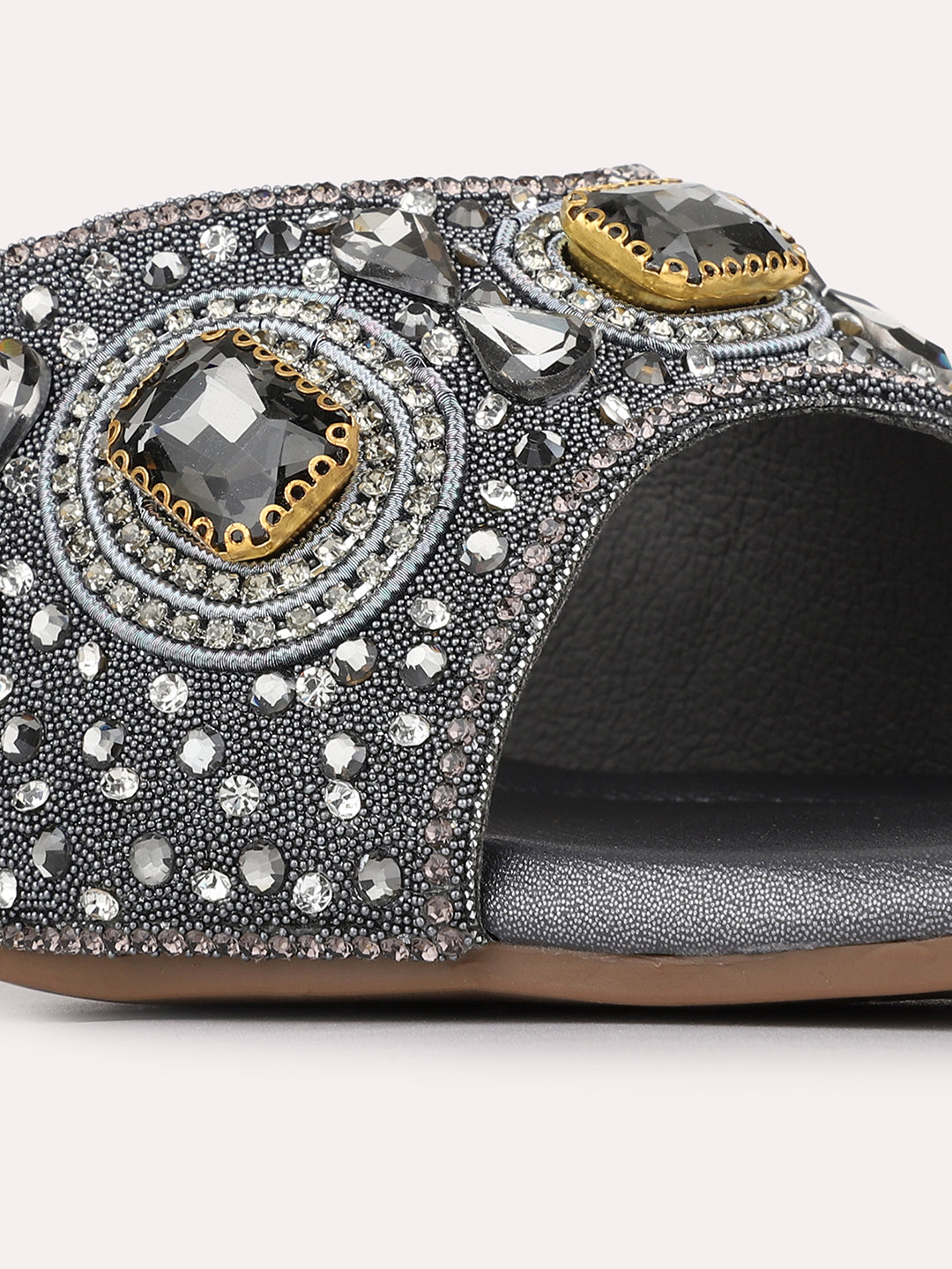 Womens Pewter Ethnic Embellished Square Toe Block Heels