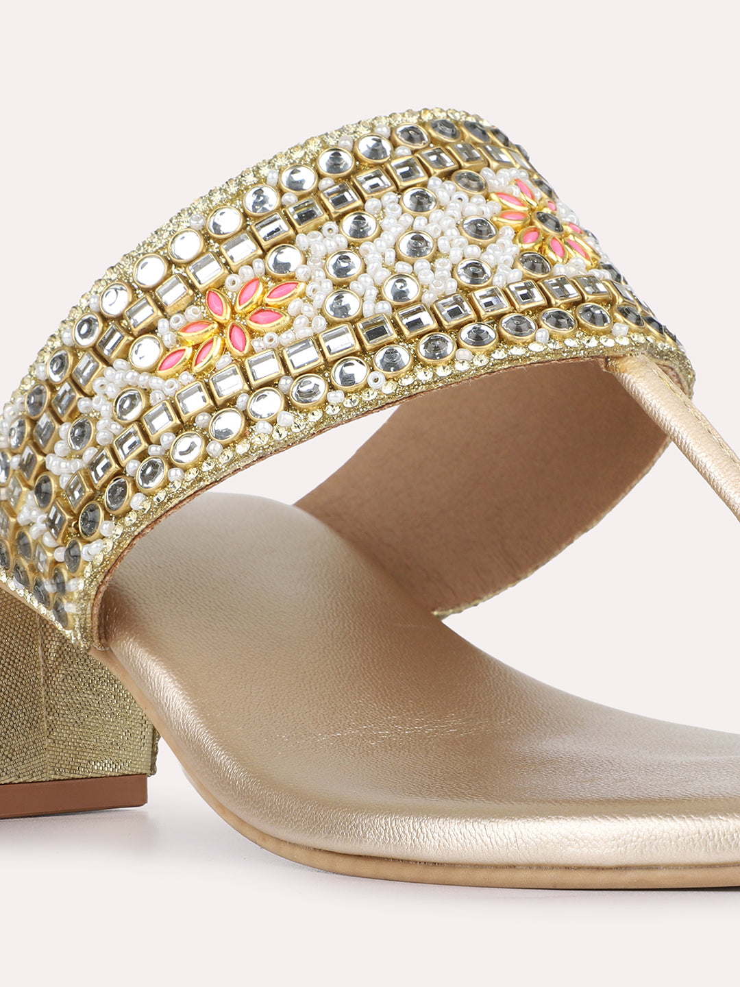Womens Golden Ethnic Embellished Round Toe Block Heels