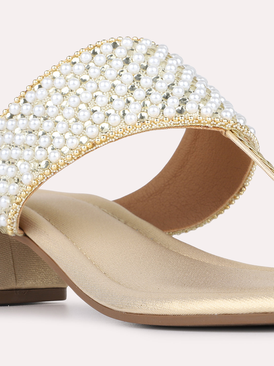 Womens Golden Party Wear Embellished Round Toe Block Heels