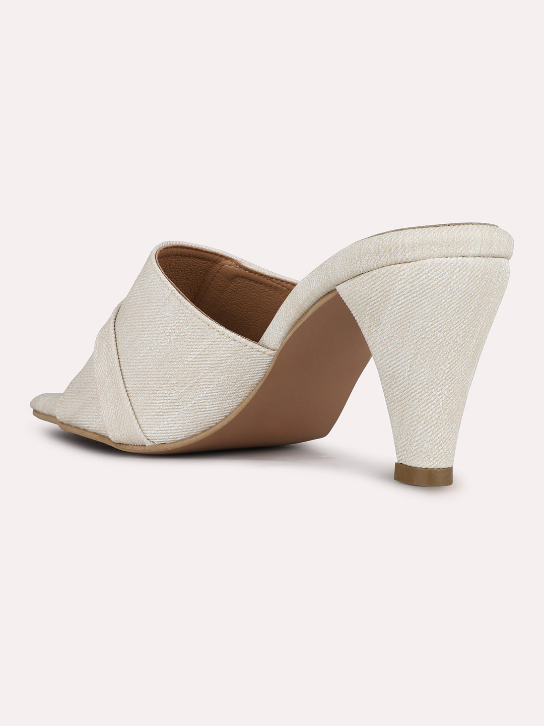 Womens Cream Solid Square Toe Party Wear Heel Mules