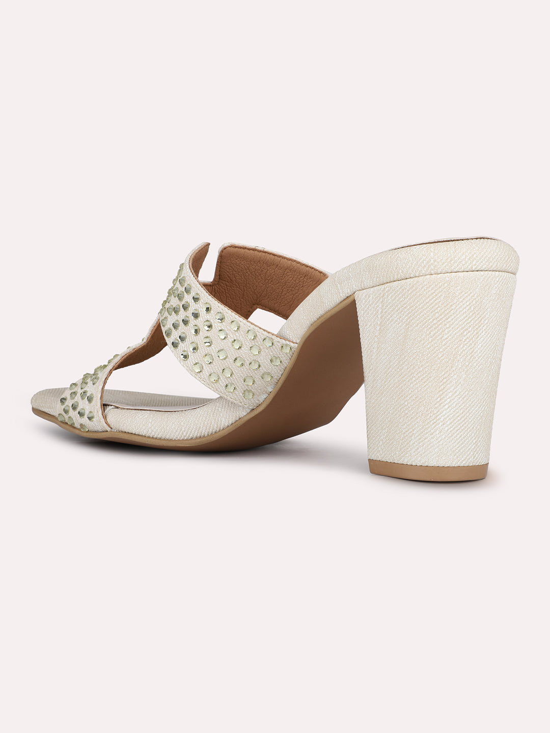 Womens Cream Embellished Square Toe Party Wear Heel Mules