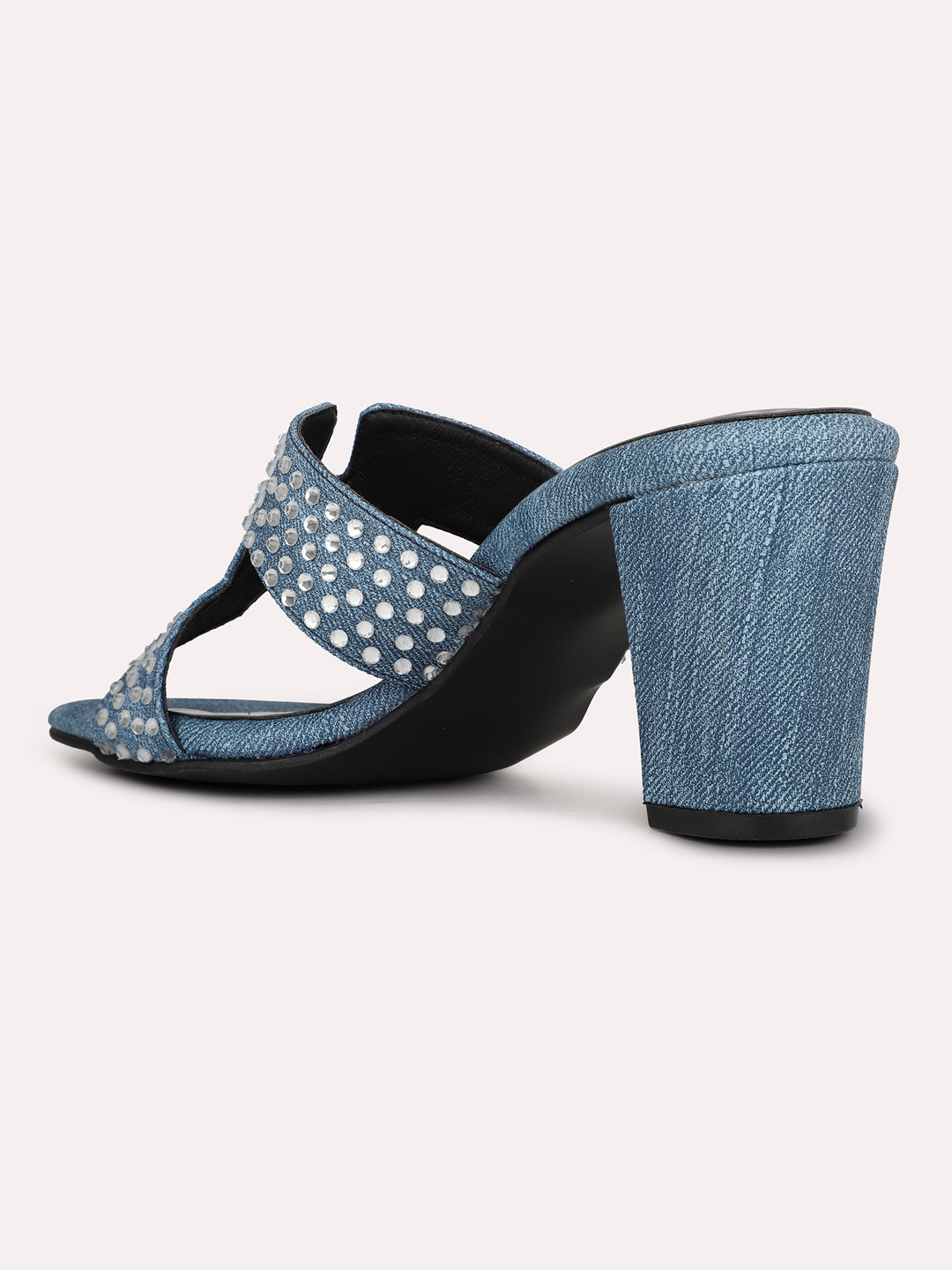 Womens Navy Embellished Square Toe Party Wear Heel Mules