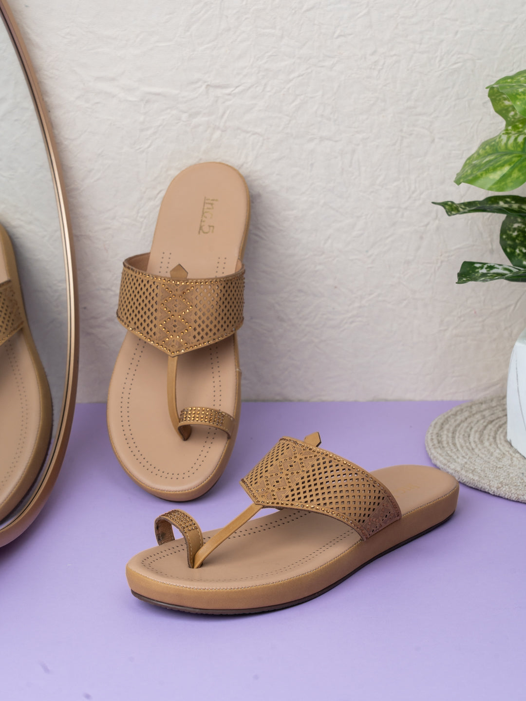 Buy Now Womens Beige Solid Round Toe Party Wear Flat Slip-on Sandals