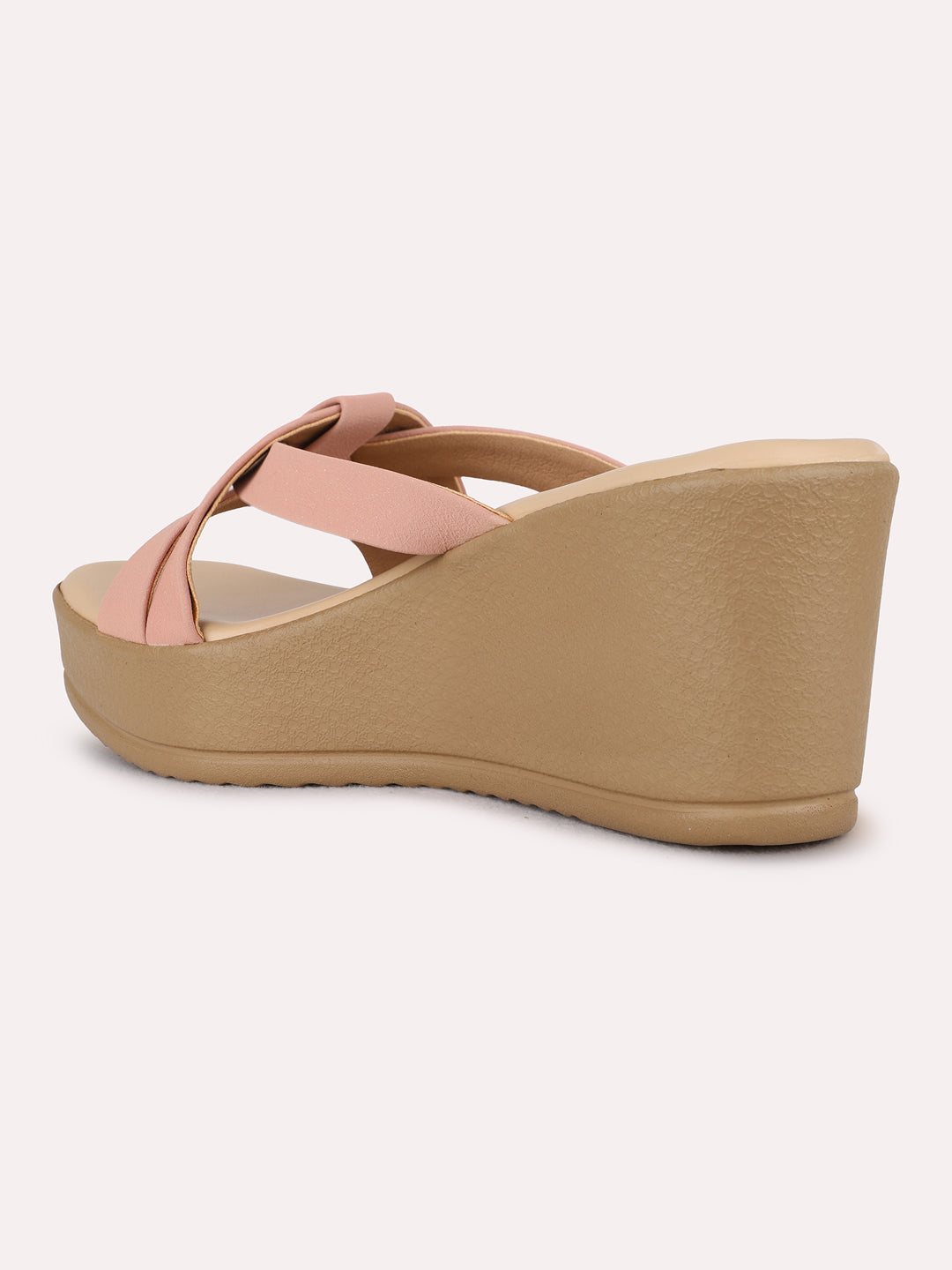 Womens Peach Party Wear Striped Round Toe Wedge Heel Sandals