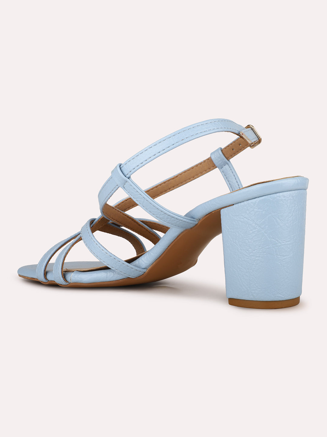 Women Blue Party Wear Striped Square Toe Block Heel Sandals