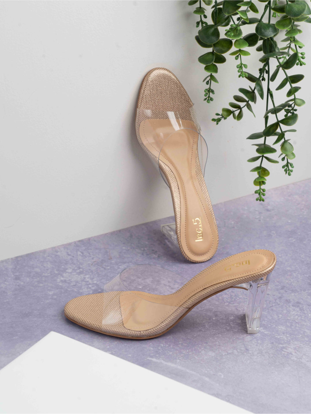 Buy Now Womens Golden Party Wear Transparent Round Toe Block Heel