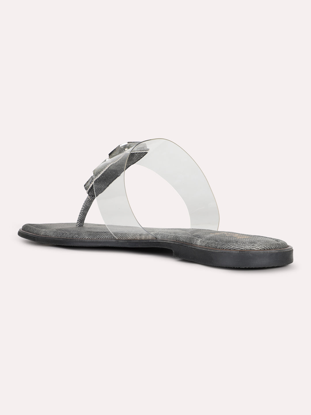 Womens Black Transparent Square Toe Party Wear Flat Slip-on Sandals