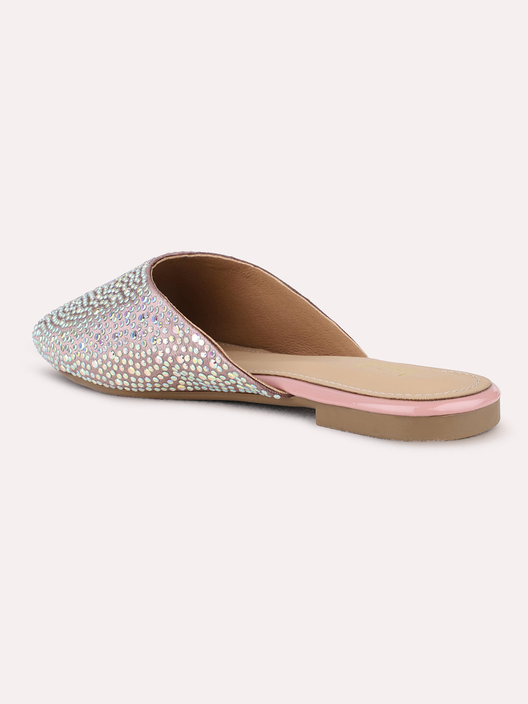 Womens Peach Casual Embellished Narrow Toe Flat Mules