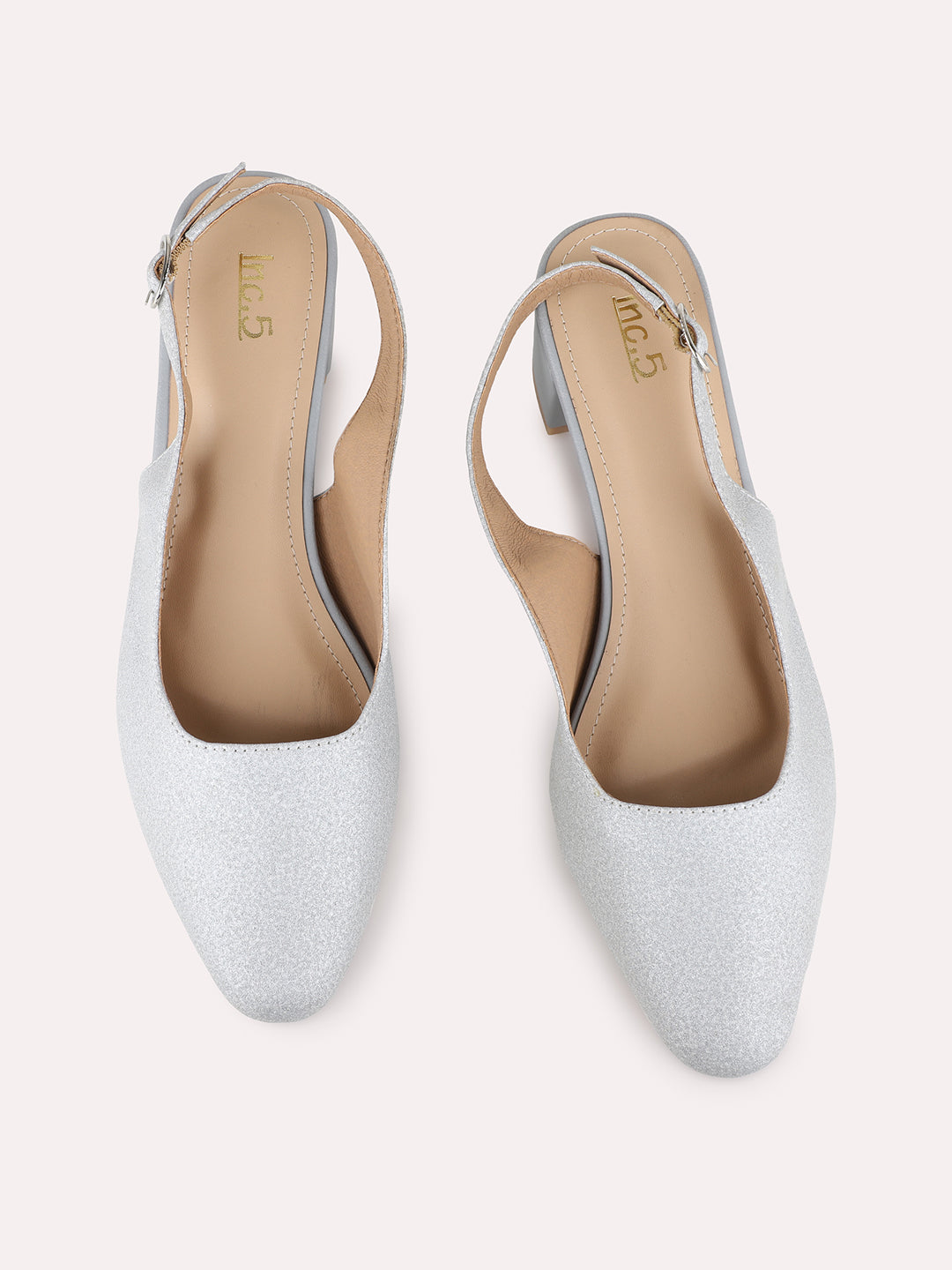 Womens Silver Ethnic Solid Narrow Toe Block Heel Mules