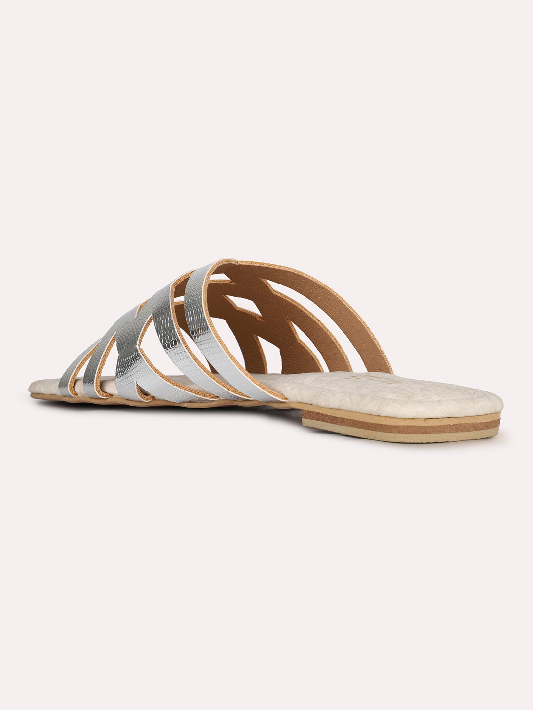 Womens Silver Striped Round Toe Casual Flats