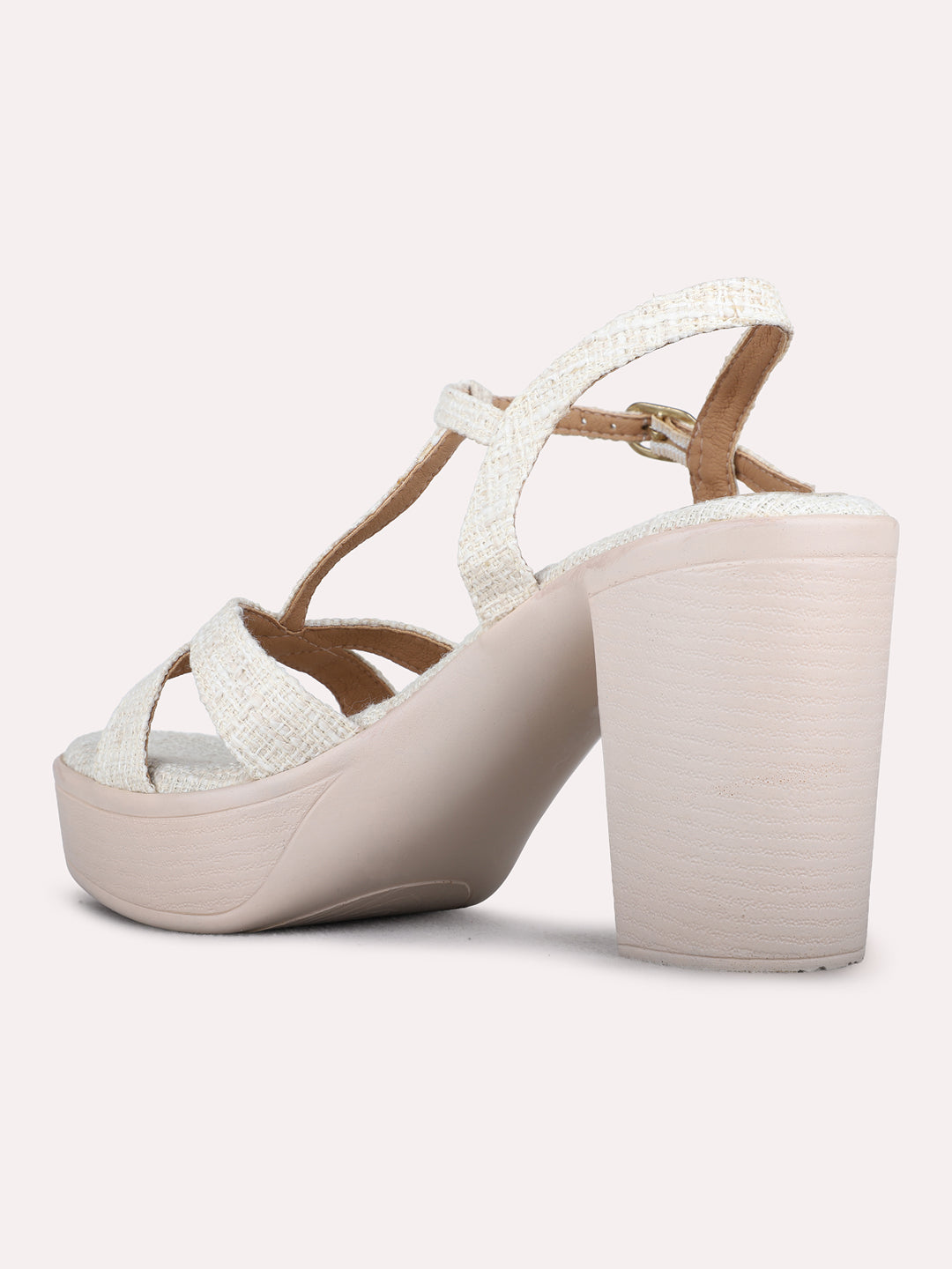 Womens Cream Party Wear Printed Round Toe Platform Heels