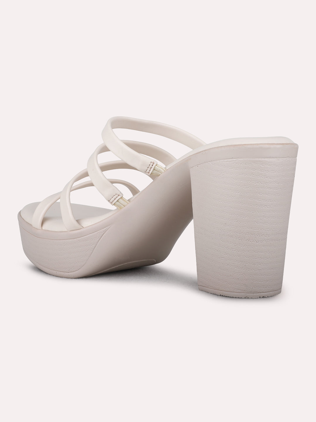Womens Cream Party Wear Striped Round Toe Platform Heel Sandals