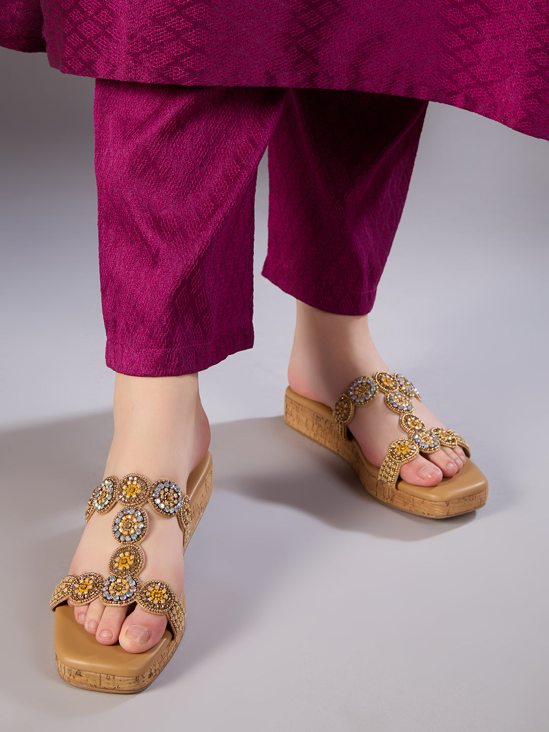 Buy Now Women Beige Casual Embellished Round Toe Open Toe Slip-On