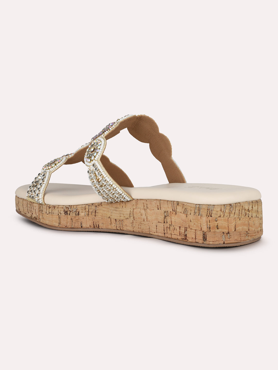 Women Cream Casual Embellished Round Toe Open Toe Slip-On Flats