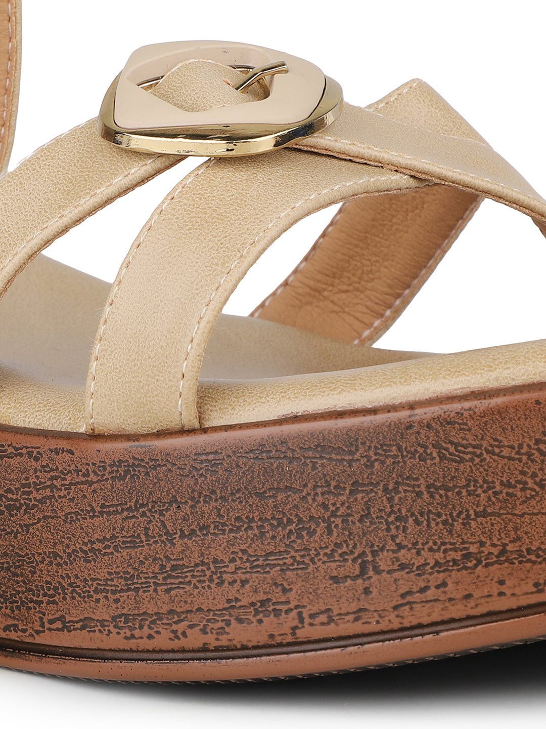 Womens Beige Party Wear Striped Round Toe Platform Heel Sandals