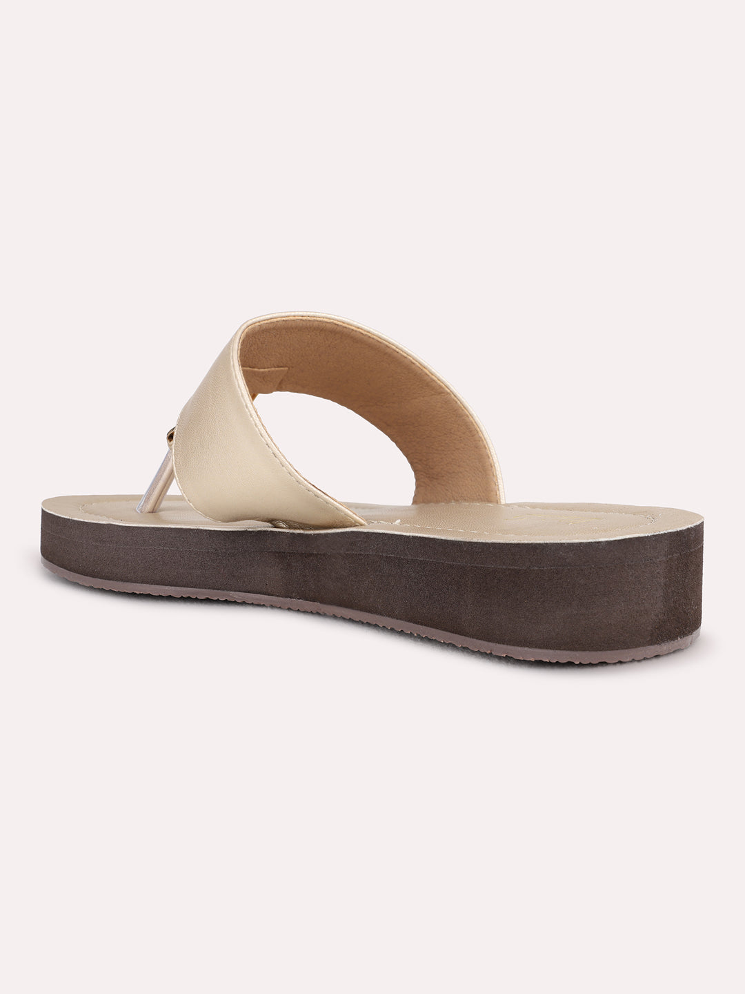 Womens Golden Casual Solid T-Strap Flat Slip-On Sandal