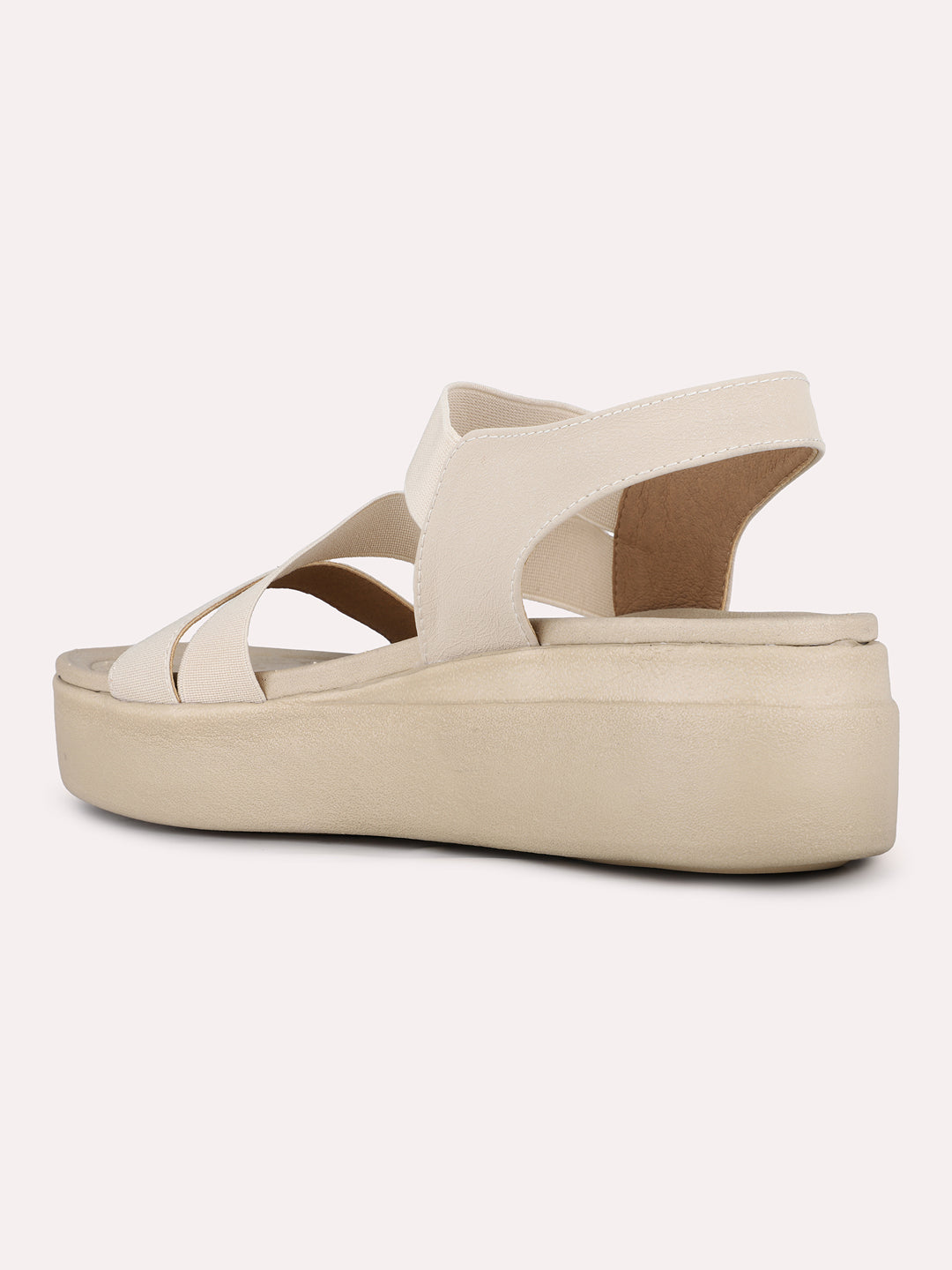 Women Beige Party Wear Solid Round Toe Wedge Heel Sandals