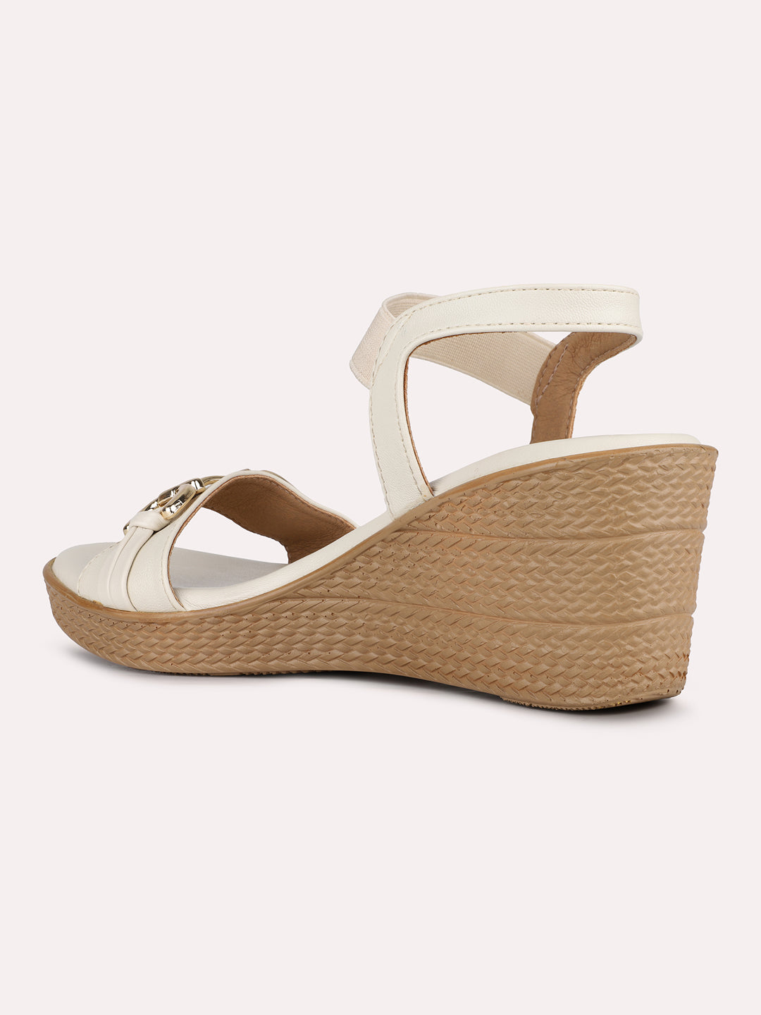 Women Cream Party Wear Solid Round Toe Wedge Heel Sandals