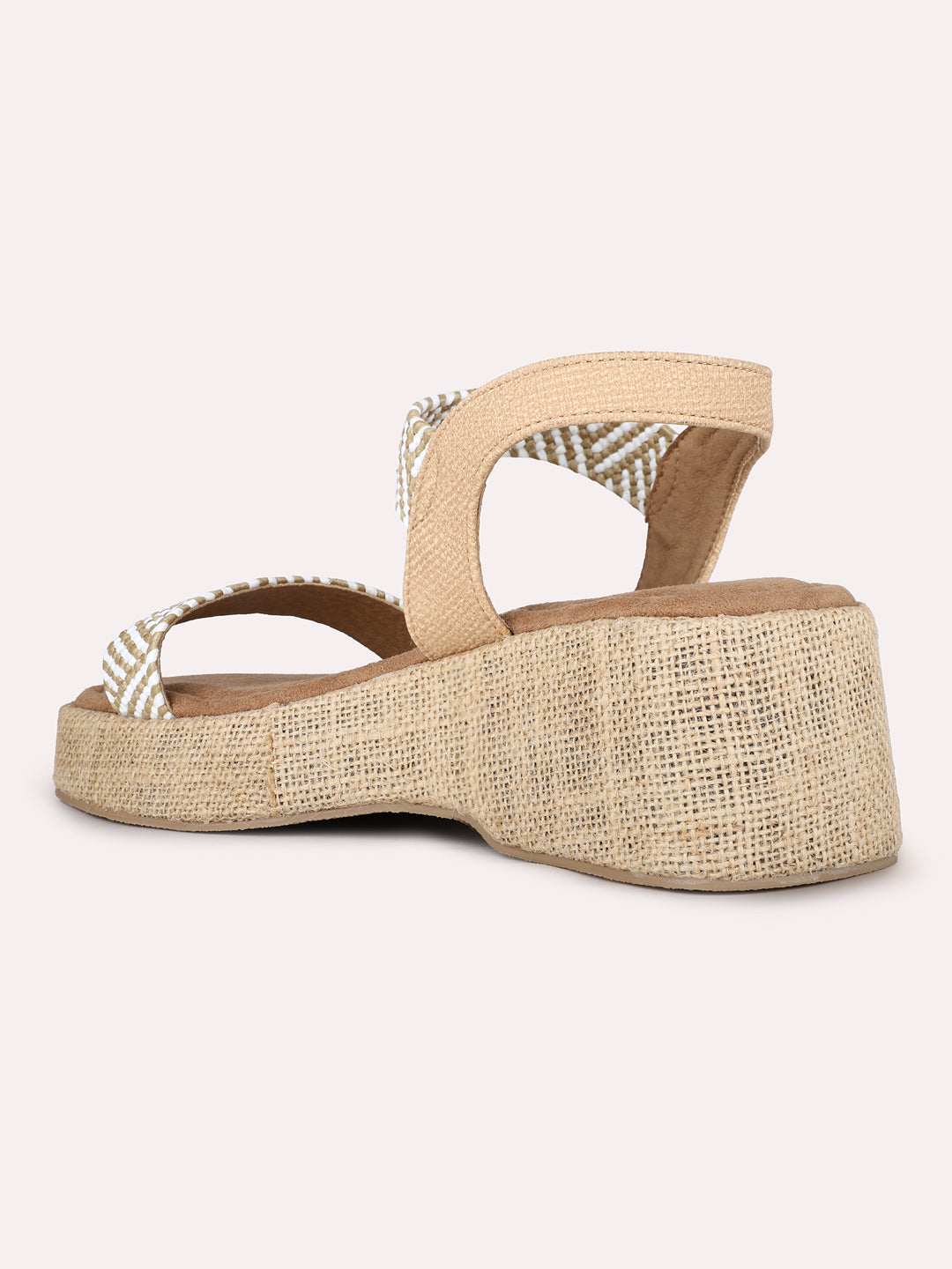 Women Beige Party Wear Printed Round Toe Platform Heel Sandals