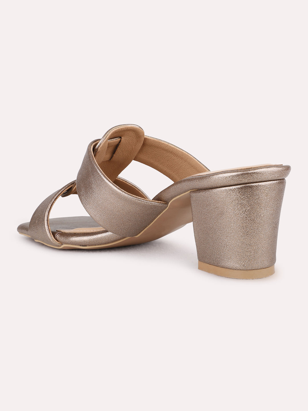 Womens Gold Party Wear Solid Pattern Square Toe Block Heel Sandals