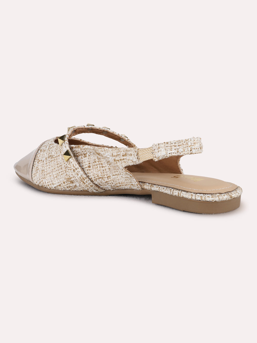Womens Beige Party Wear Embellished One Toe Flat Mules