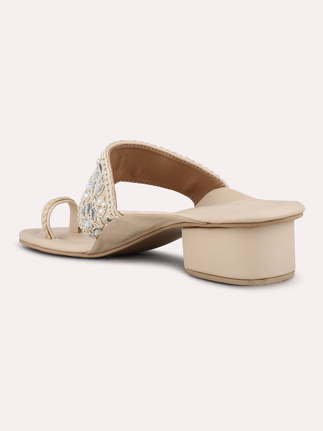 Womens Beige Ethnic Wear Textured Round Toe Block Heel Sandals
