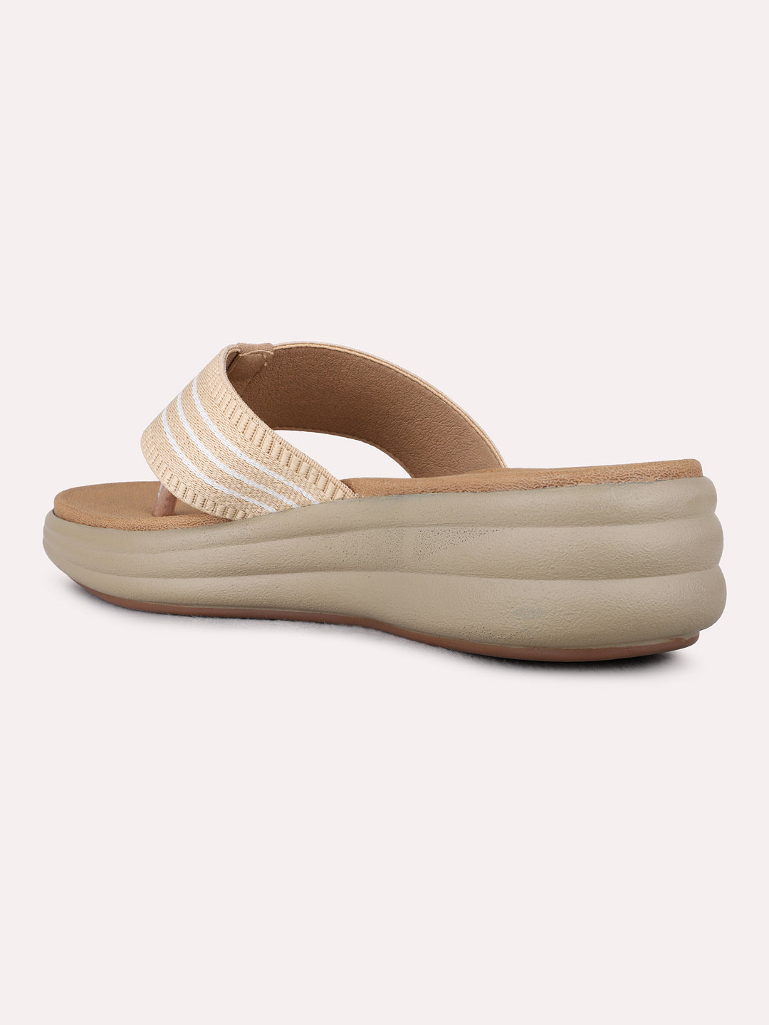 Womens Beige Ethnic Wear Textured T-Strap Flat Sandals