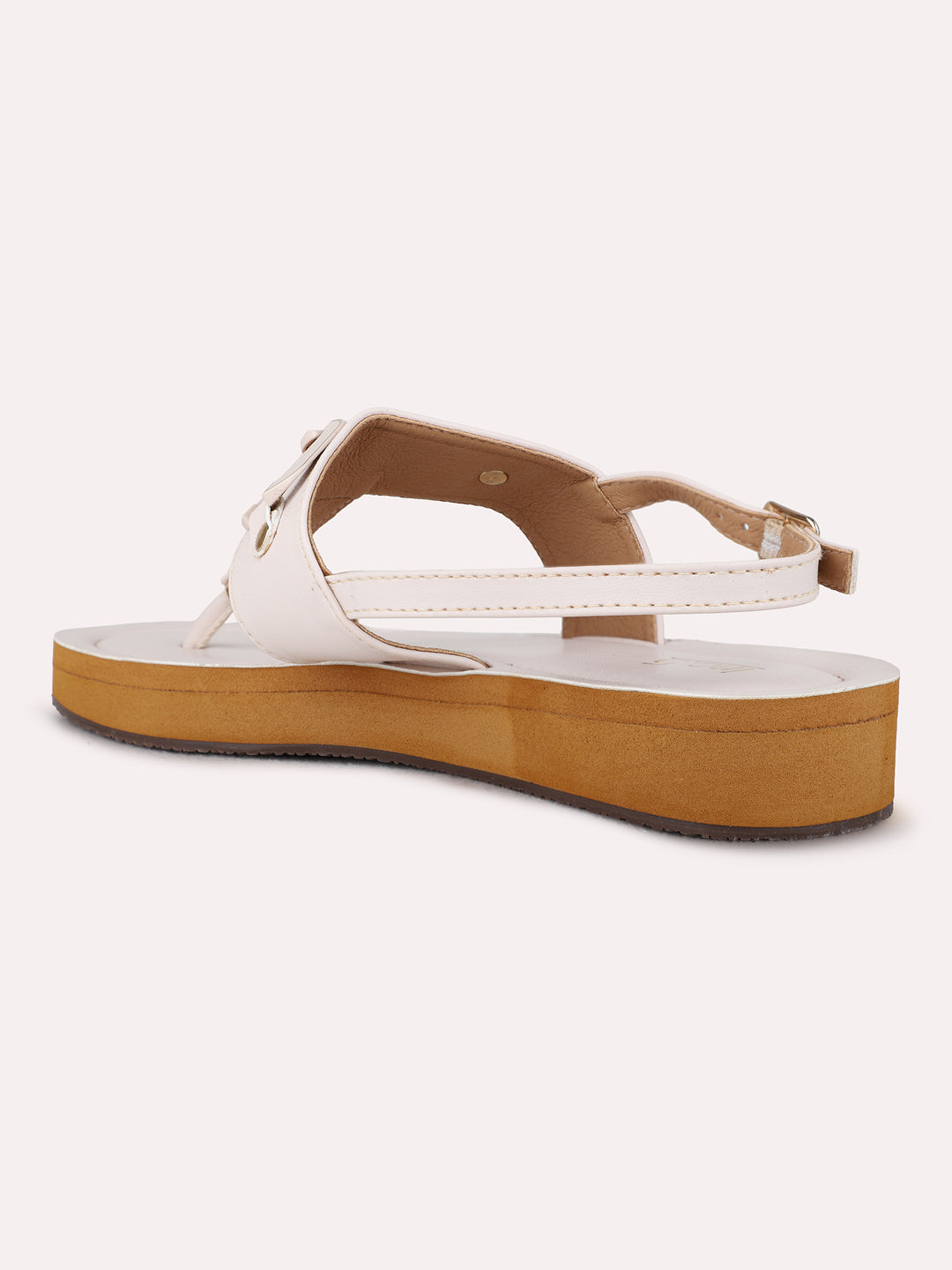 Womens Cream Casual Solid T-Strap Flats