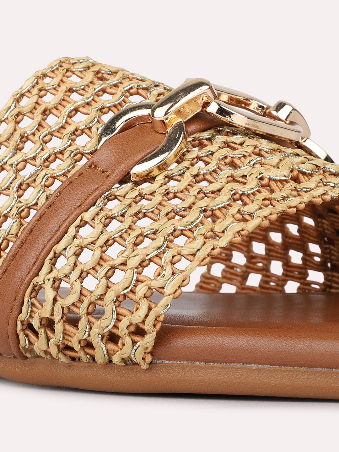 Womens Beige Casual Embellished Open Toe Slip-On Flats
