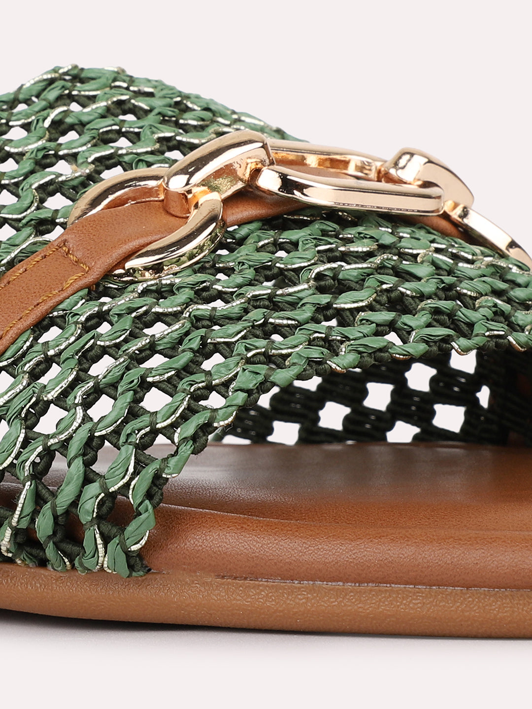 Womens Green Casual Embossed Square Toe Flat Slip-Ons