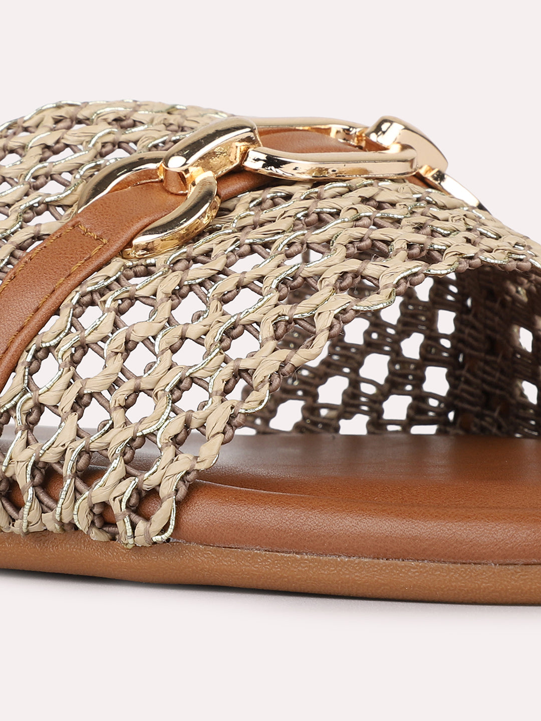 Womens Tan Casual Embellished Open Toe Slip-On Flats