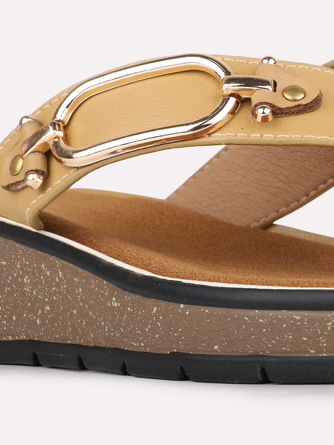 Womens Beige Casual Embellished Round Toe Wedge Heels