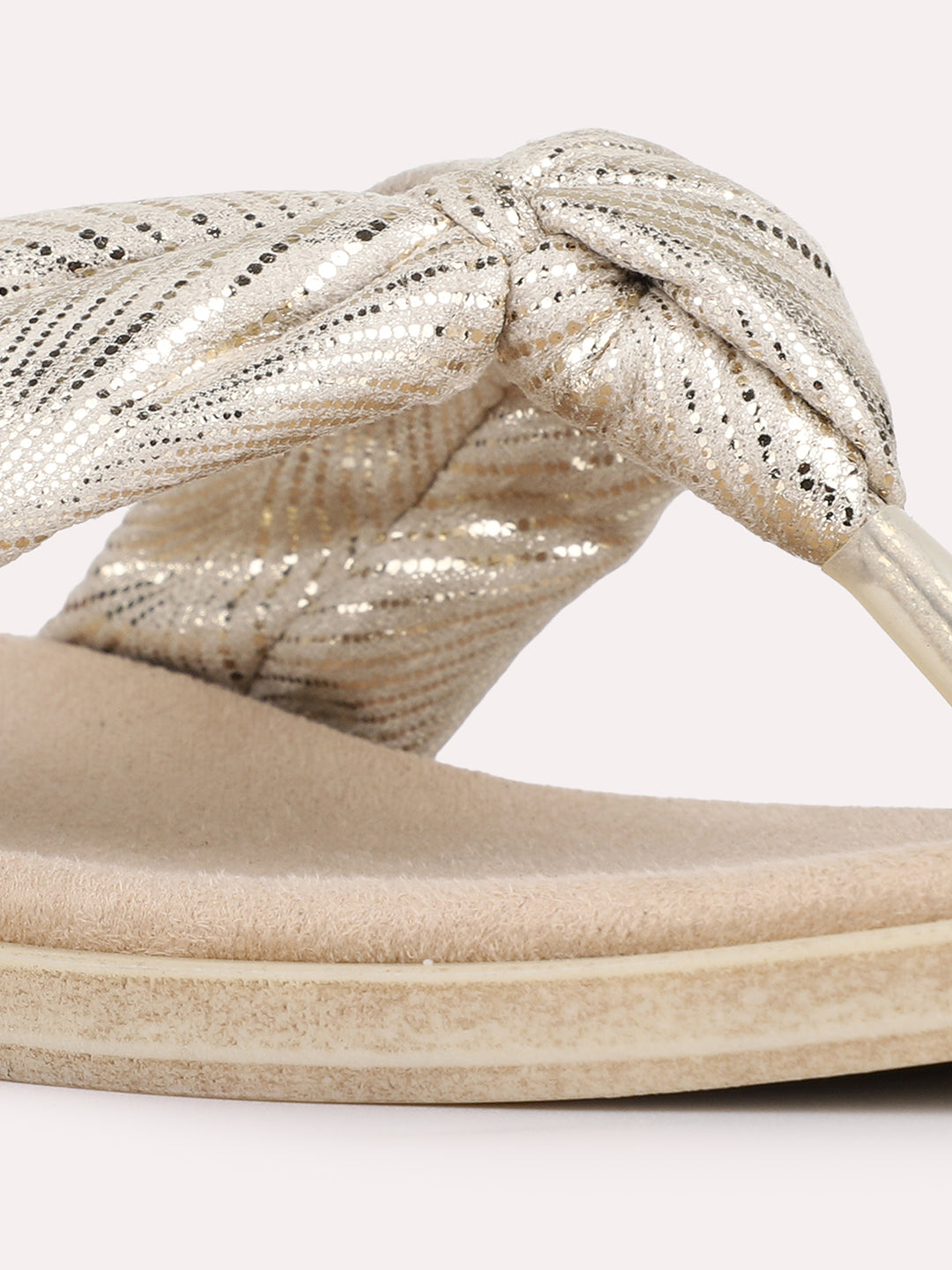 Womens Golden Casual Embellished Pattern T-Strap Flat Slip-Ons