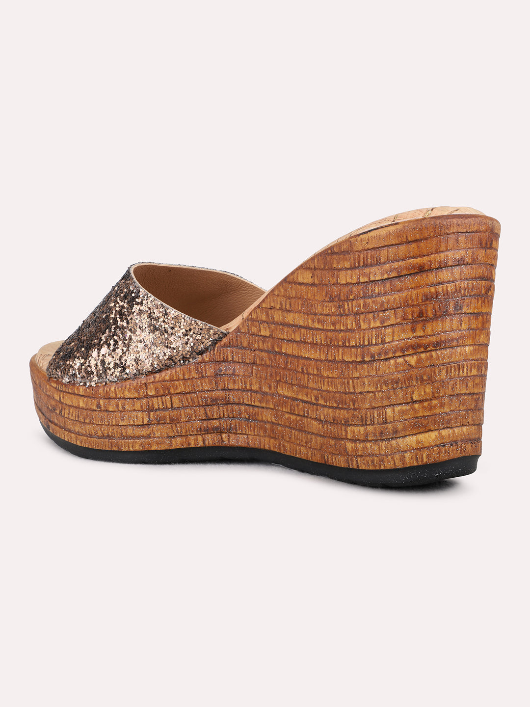 Womens Golden Ethnic Wear Textured Round Toe Wedge Heel Sandals
