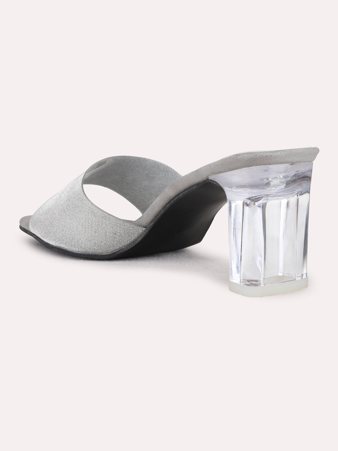 Womens Pewter Party Wear Textured Square Toe Block Heel Sandals