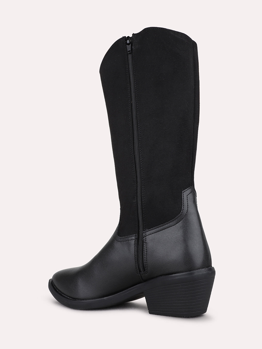 Womens Black Casual Solid Narrow Toe Block Heel Boots