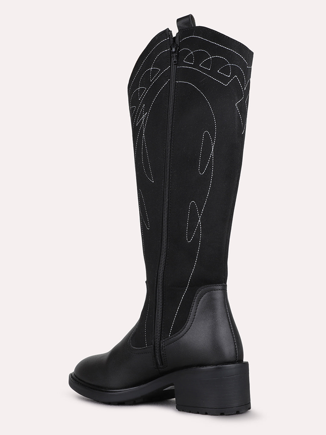 Womens Black Casual Solid Pattern Round Toe Block Heel Boots