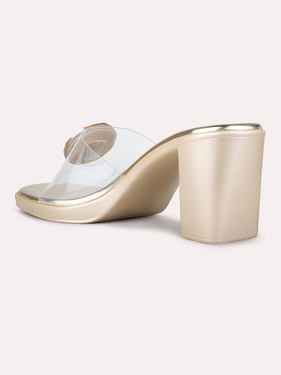 Womens Golden Party Wear Transparent Round Toe Block Heel Sandals