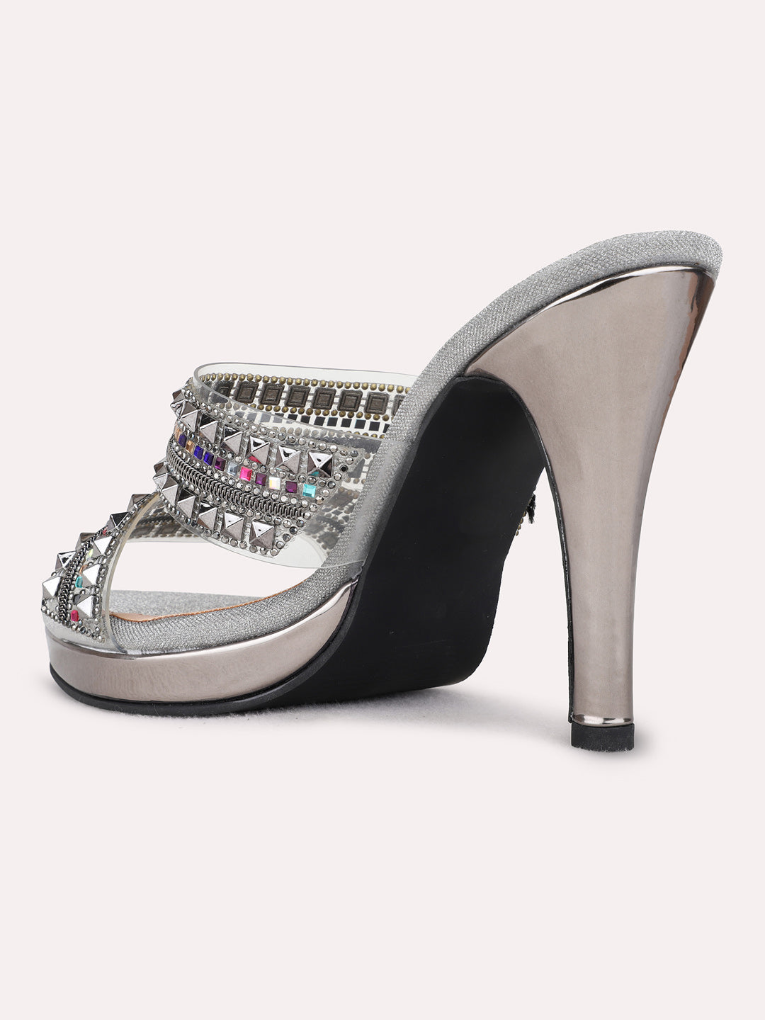 Womens Pewter Ethnic Embellished Round Toe Platform Heel Sandals