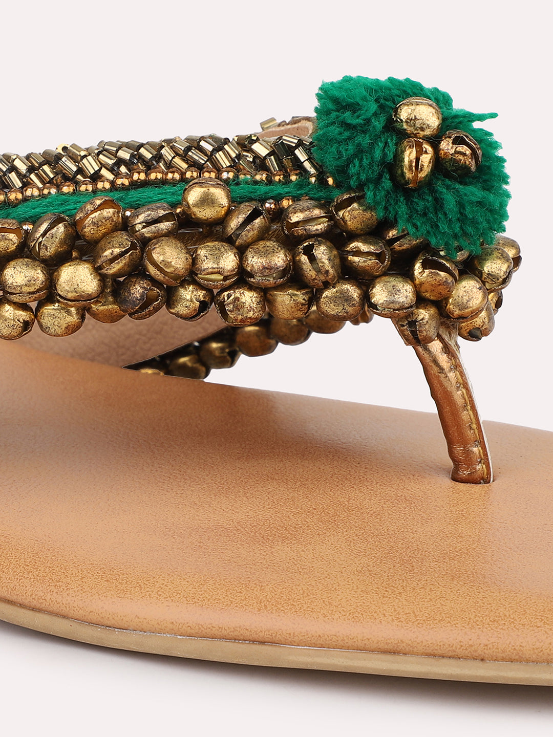 Women Antique Embellished Open Toe Flats With Ankle Bells