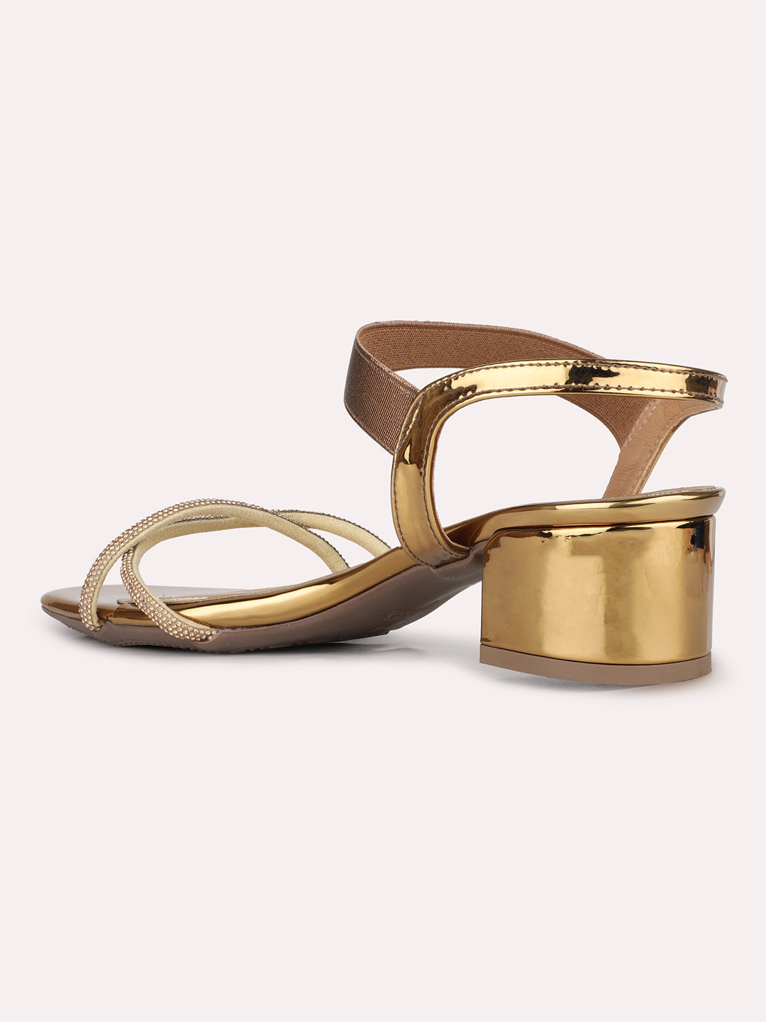 Women Golden Party Wear Striped Round Toe Block Heel Sandals