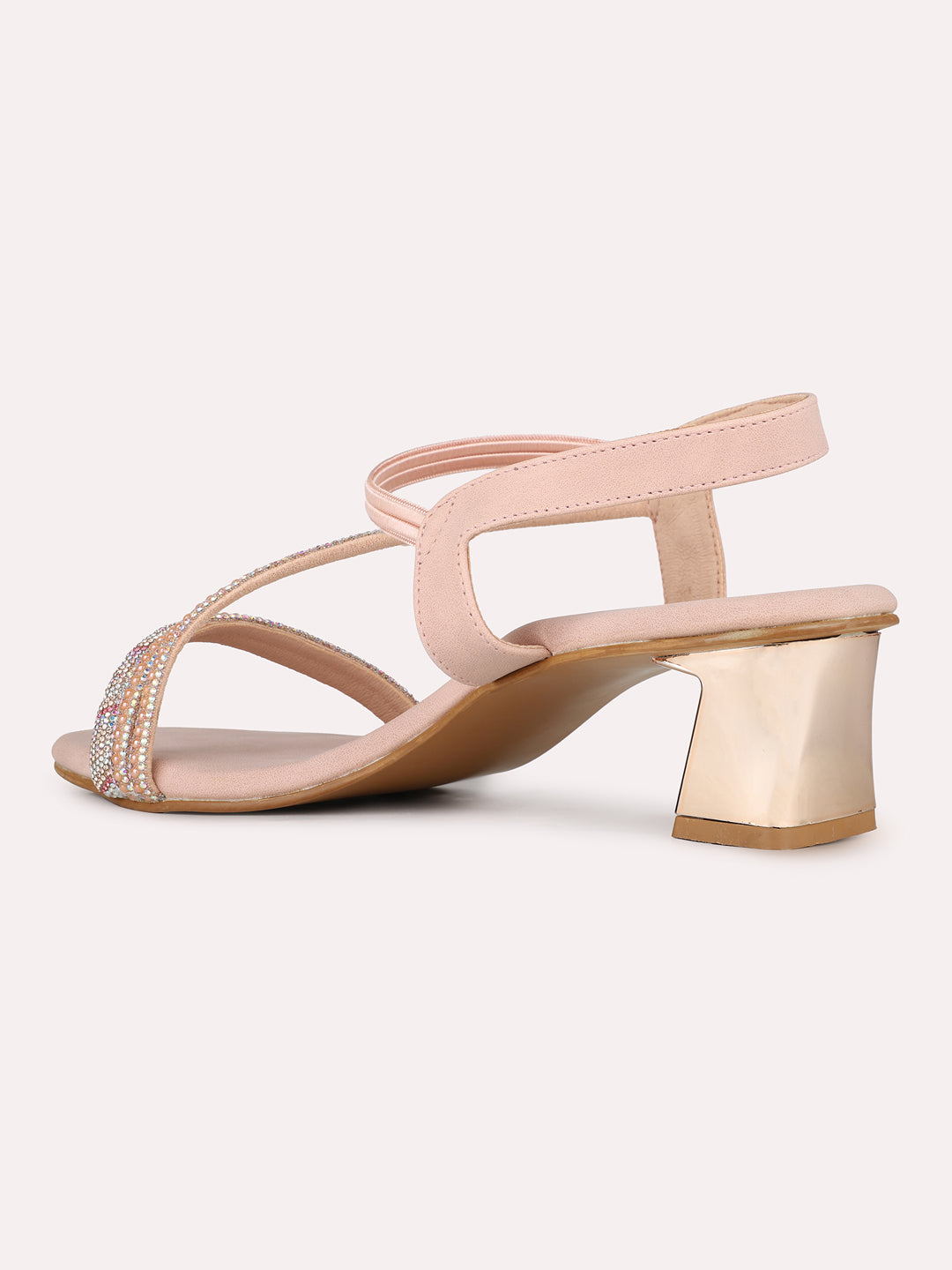 Women Rose Gold Party Wear Embellished Round Toe Block Heel Sandals