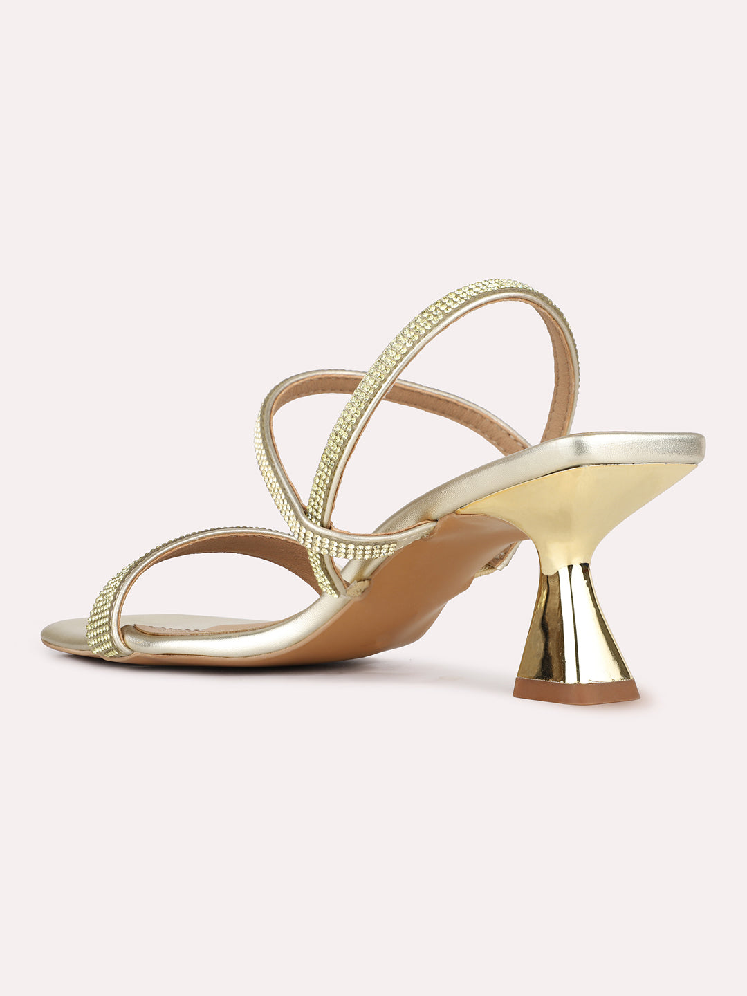 Women Golden Party Wear Embellished Square Toe Block Heel Sandals